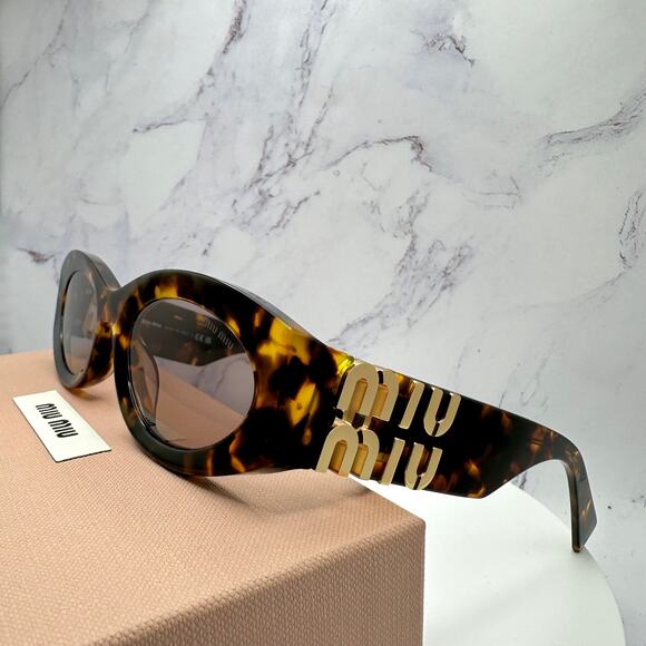 New MIU MIU Sunglasses Brown Tortoise Shell Oval Acetate Gold Logo Italy - Picture 7 of 16